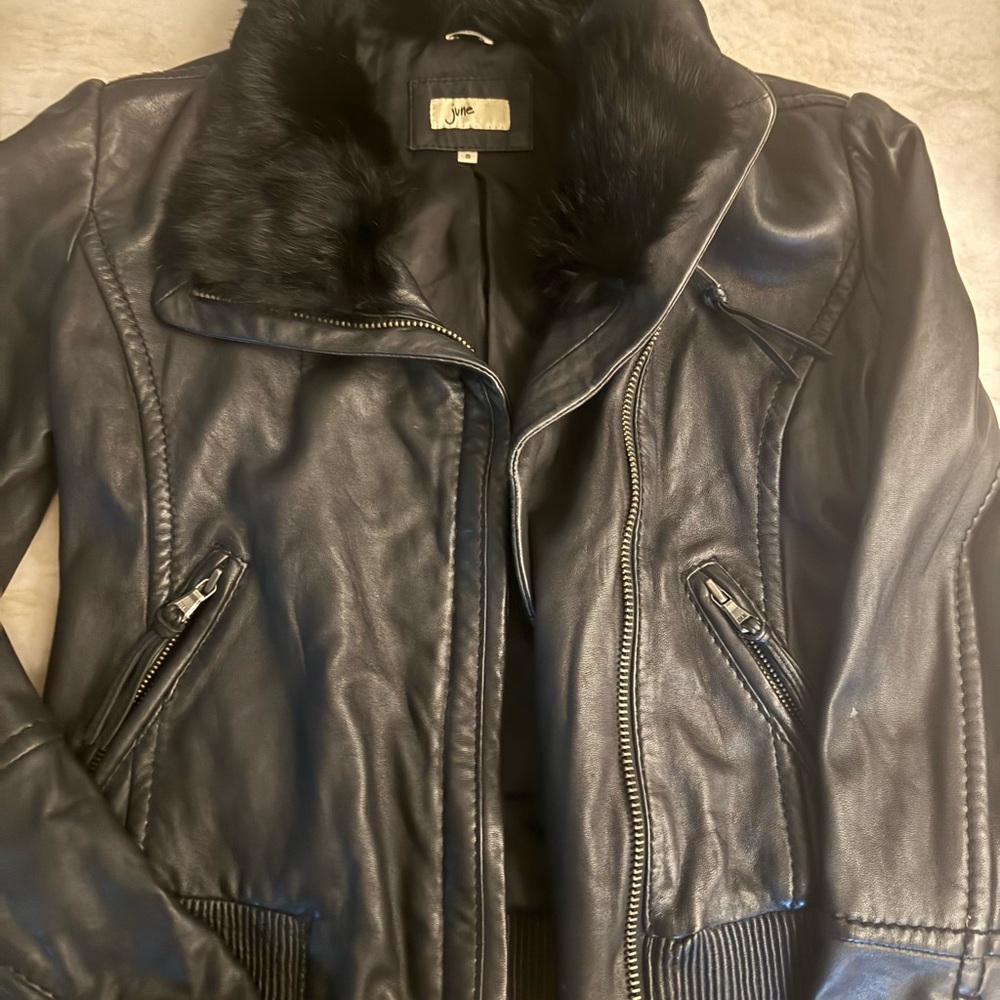 Black authentic Fur Collar Leather Jacket - Women